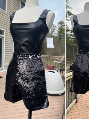 Black Faux Leather bodysuit & Sequin shorts